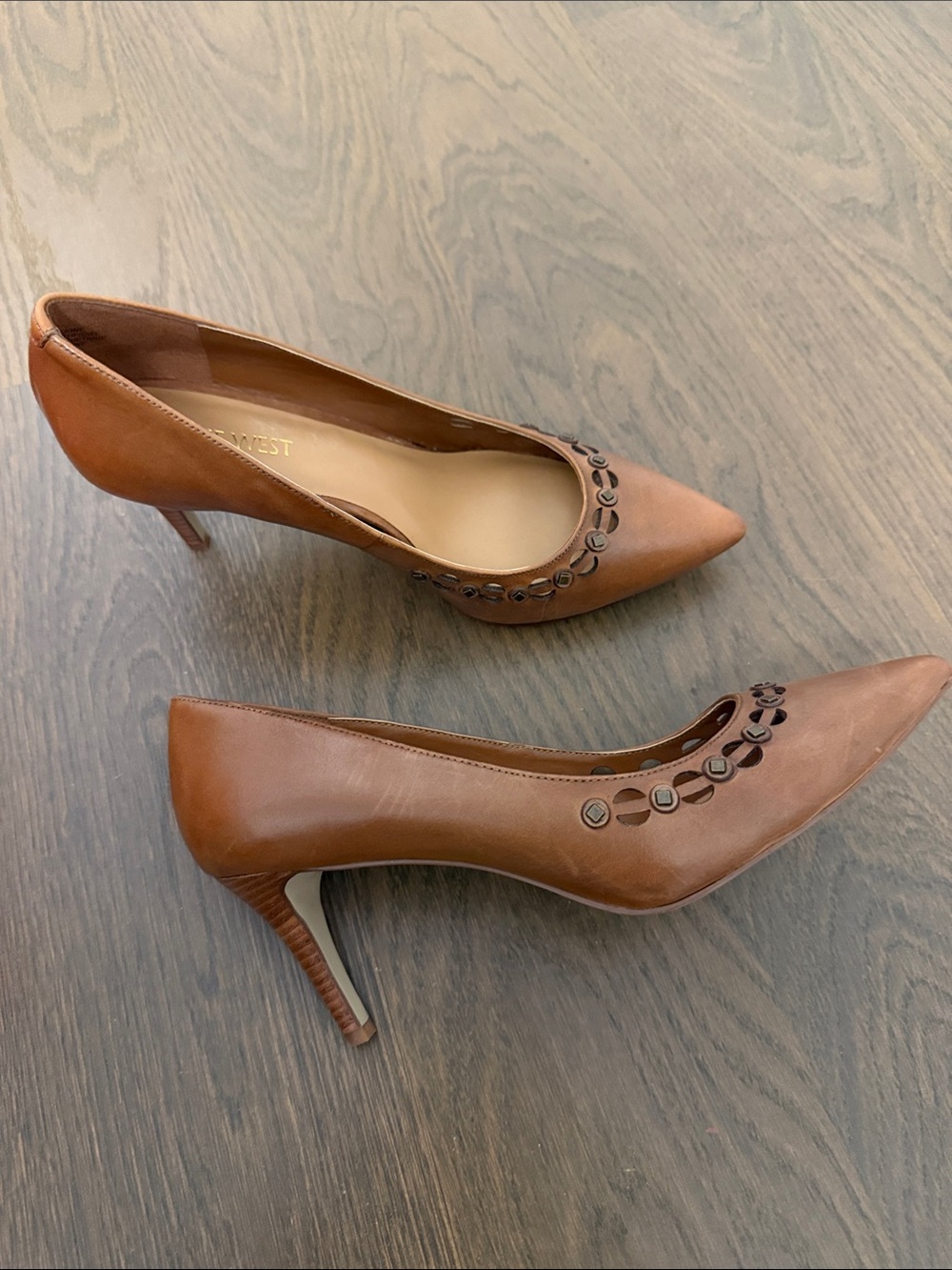 Nine West Brown Pointed-Toe Ballet Flats with Decorative Trim